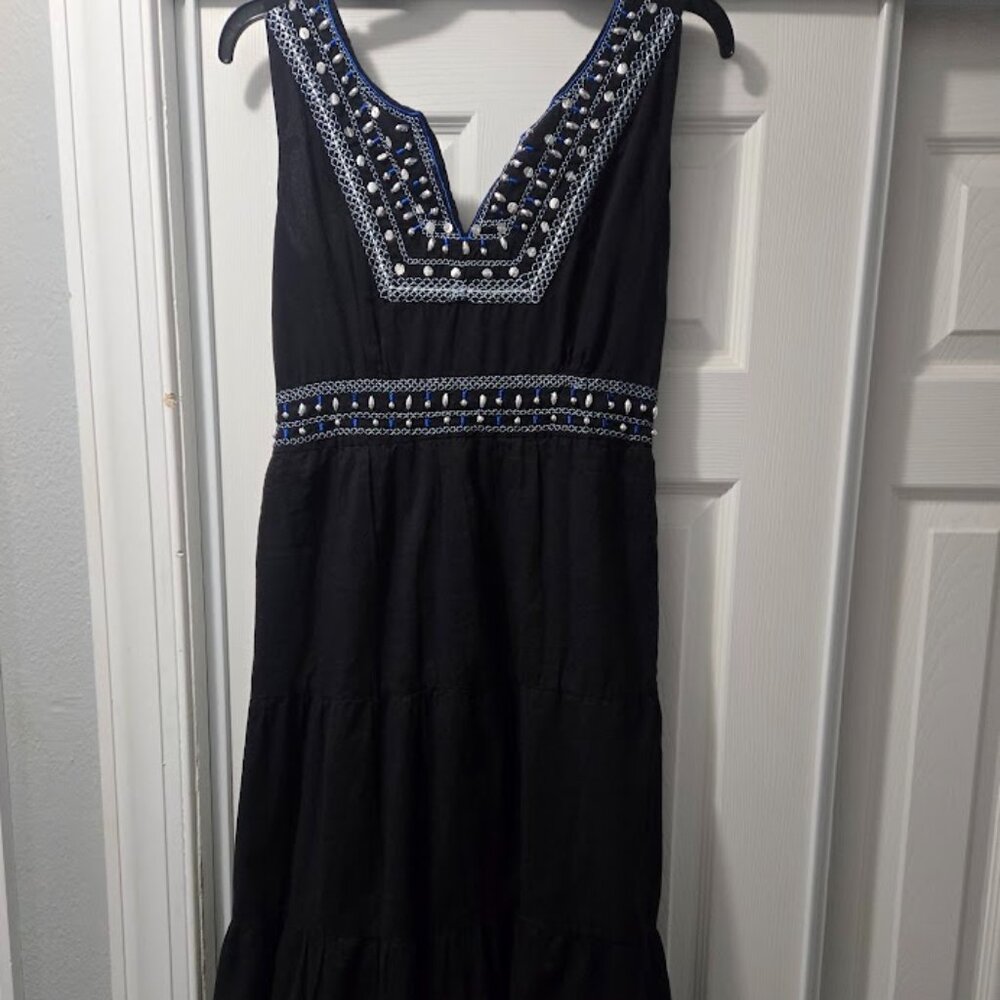 Boho black sleeveless sundress with embroidered‎ yoke and waist. NWOT